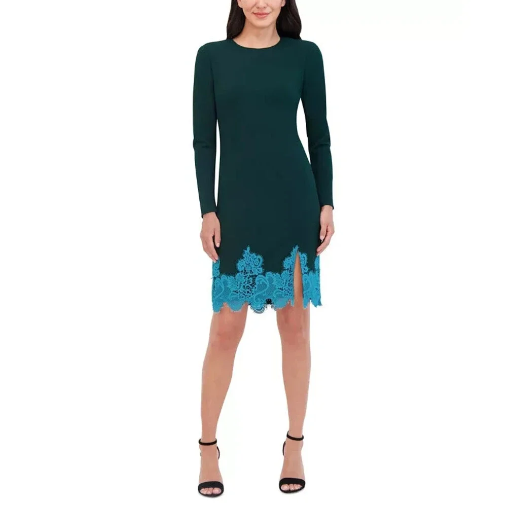Vince Camuto Lace-Hem Bodycon Dress Women's 12 Hunter Crewneck Button Back Zip